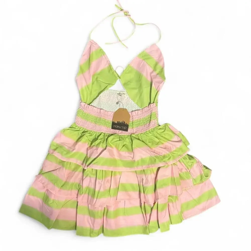 Tiered Halter Mini Dress Green Pink Striped Cutout Size M Main Strip Resort - Picture 4 of 9
